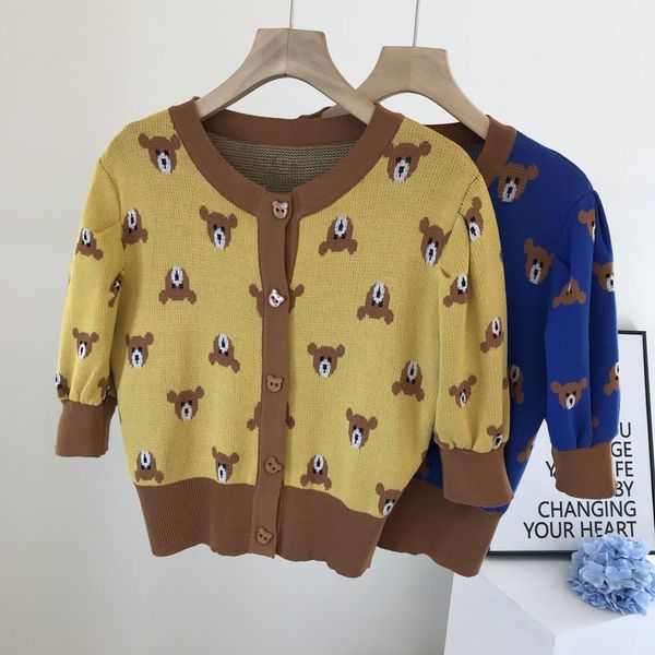 

style bear pattern puff sleeve knitted cardigan shirt korean short all-match for women 210525, White