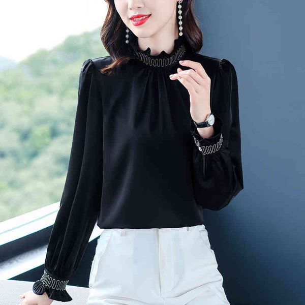 

satin shirt spring loose solid color button up silk shirt vintage blouse women lady long sleeves female 301c 210420, White