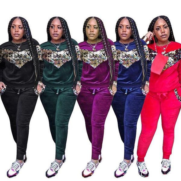 

women's two piece pants 2021 autumn winter sequined 2 set women long sleeve tight bandage slim sheath bodycon club party outfit, White