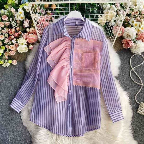

spring autumn fashion striped shirt women's ruffled loose thin long sleeve blouse uk438 210506, White