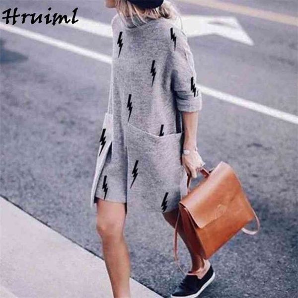 

vintage turtleneck long sleeve dresses for women fashion autumn print big pocket mini dress plus size casual loose streetwear 210513, Black;gray