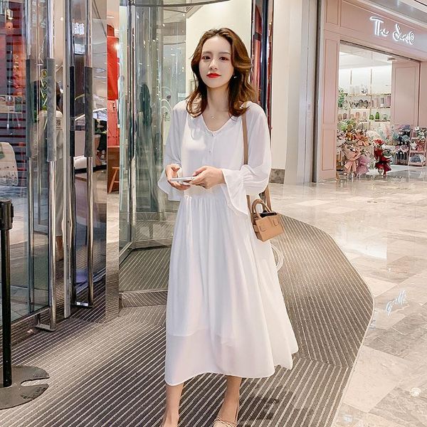 

maternity dresses 155# summer autumn long sleeve white dress elegant loose clothes for pregnant women v neck pregnancy clothing