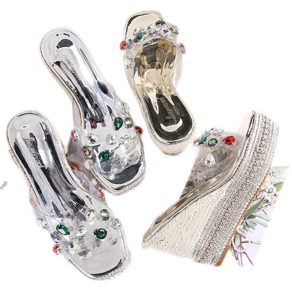 

sandals ladies summer platform 2021 fashion rhinestone super high heel beach trifle wedge slippers, Black
