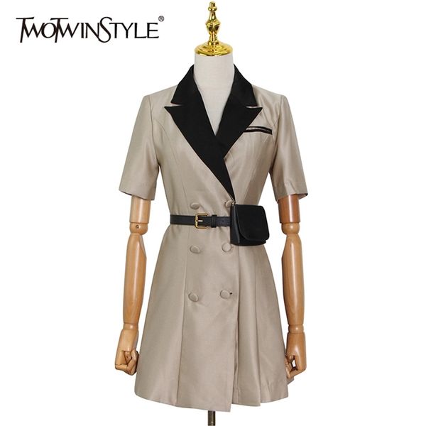 

khaki casual dress for women notched short sleeve high waist patchwork bags mini dresses female summer fashion 210520, Black;gray