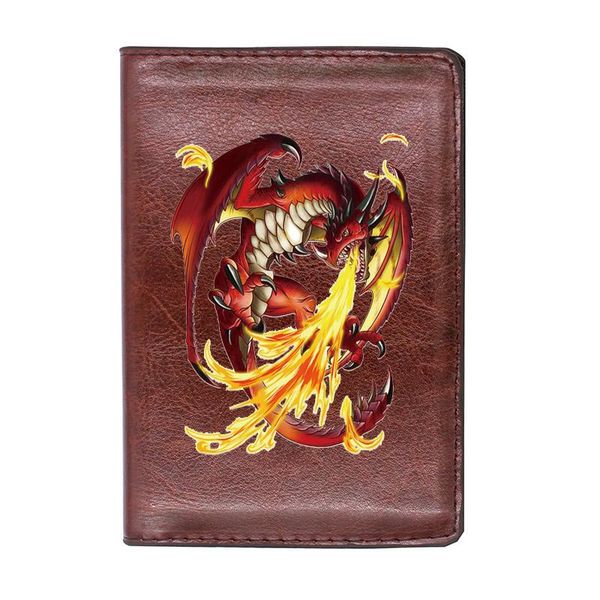 

card holders leather vintage mysterious fire dragon passport cover id case, Brown;gray