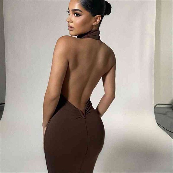 

sleeveless backless halter bodycon women dress club brown long off shoulder dresses for autumn, Black;gray