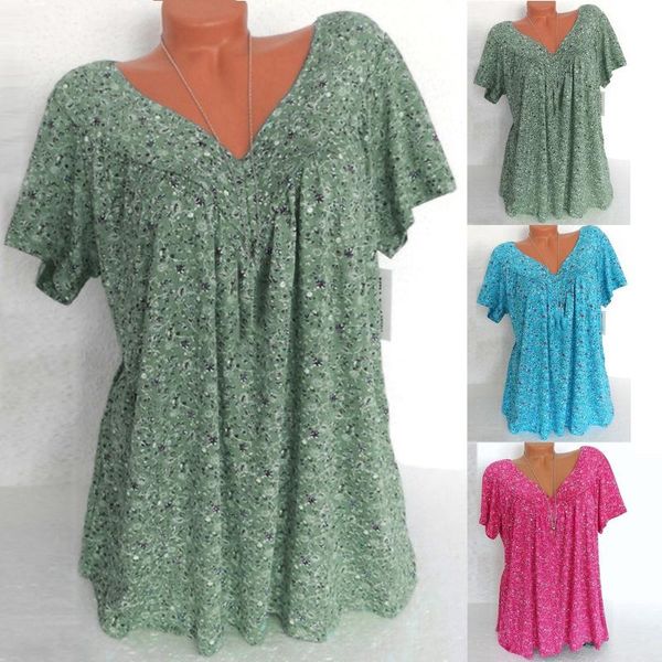 

women's blouses & shirts elegant ruffles blouse summer foral printing loose leisure short sleeve v-neck oversize vintage pullover, White