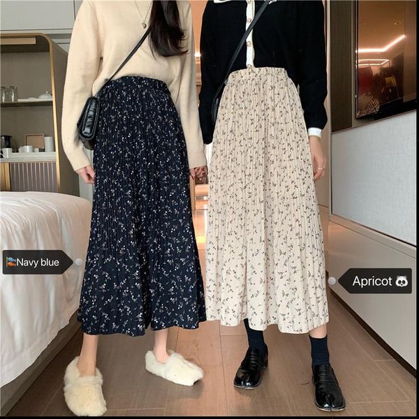 

vintage floral womens skirt print a line pleated long skirts winter women korean streetwear drawstring elastic waist midi lined, Black