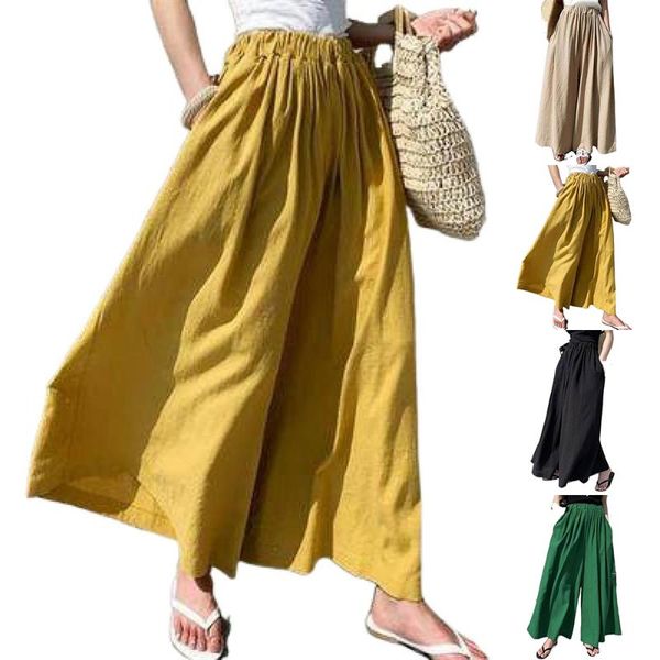 

women's pants & capris loose wide leg summer casual fashion solid colour baggy wide-leg trousers color mid waist with pocket, Black;white