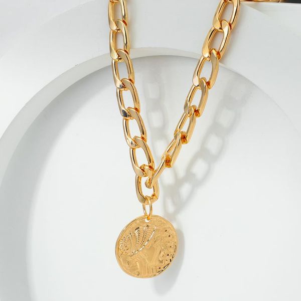 

chains lifefontier vintage gold color chain portrait coin pendant choker necklaces for women chunky thick cuban necklace jewelry, Silver