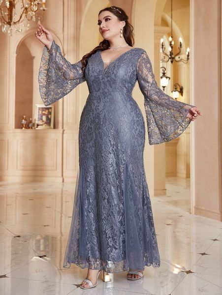 

plus flounce sleeve lace prom dress 84qz#, Black