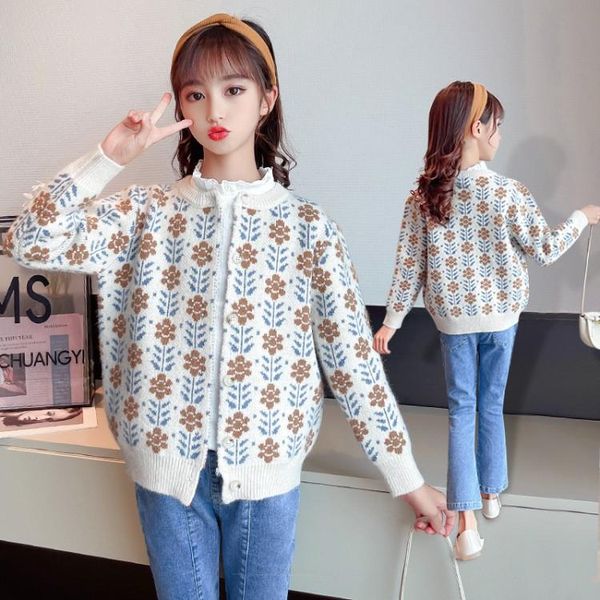 

pullover girls autumn casual cardigan kids knitted outerwear teenager cute sweet flower single breasted sweater jacket 10 11 12 13 y, Blue
