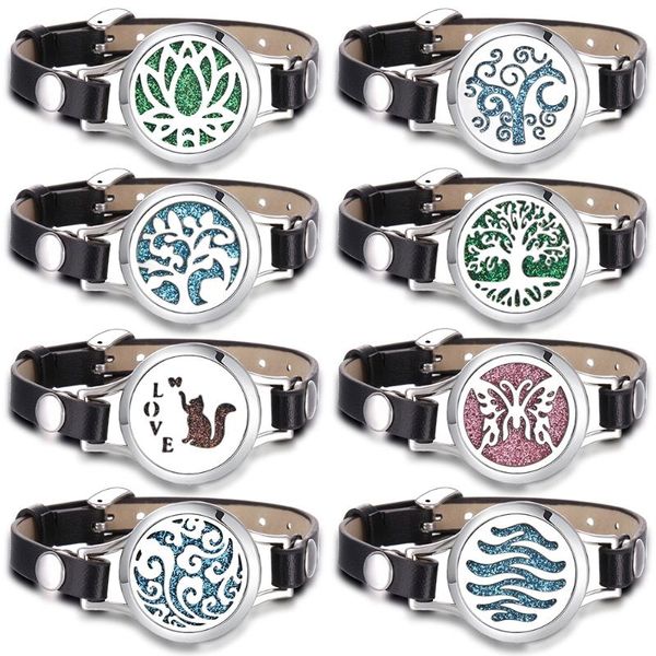 

bangle tree of life leather bracelet essential oil diffuser perfume locket beautiful women wristbands jewelry, Black
