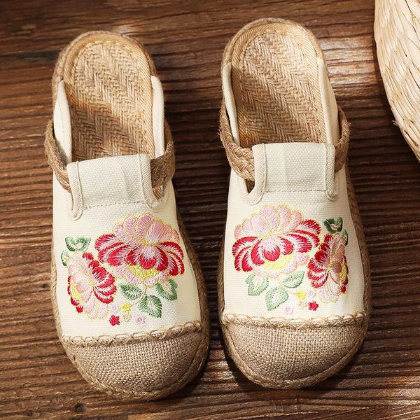 

slippers women embroider summer 2021 shoes slides flat with national style handmade retro ladies, Black