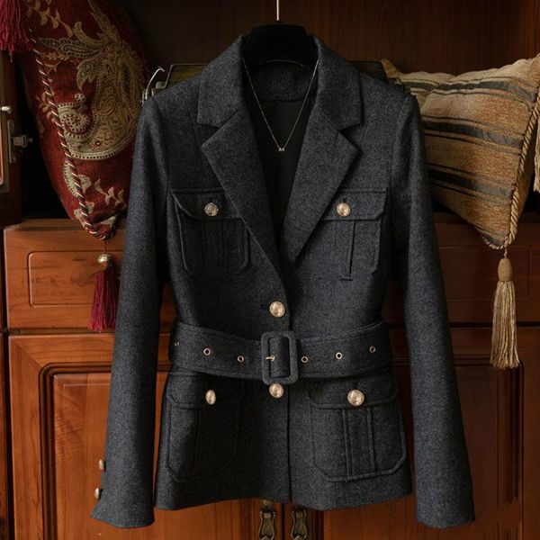 

women's wool & blends women waistband blazer jacket high quality, Black
