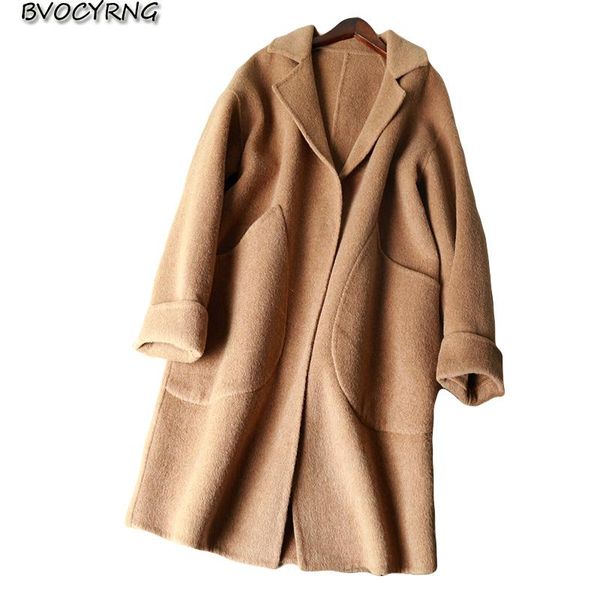 

women's wool & blends high-end spring autumn blend coat women warm woolen parka female cashmere coats loose double velvet jackets outer, Black