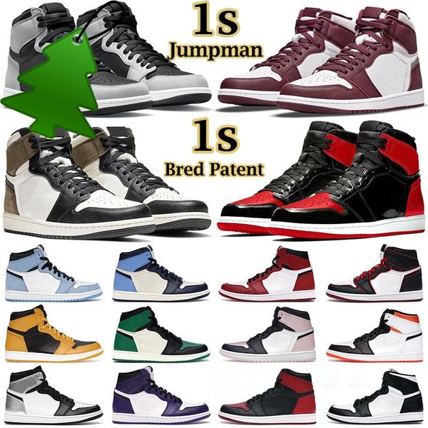 

men women basketball shoes 1s jumpman 1 high mid bordeaux atmosphere bred patent university blue twist unc patent mens trainers sports, Black