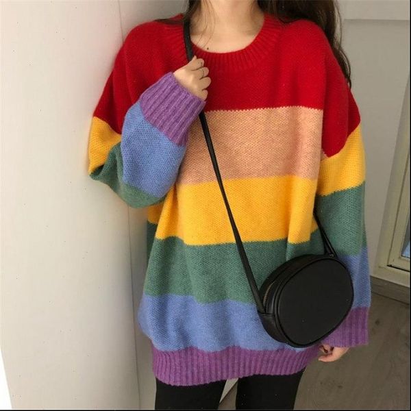 

womens sweaters rainbow striped sweater women autumn harajuku jumper vintage pullovers oversize korean knitwear loose warm colorful v981, White;black
