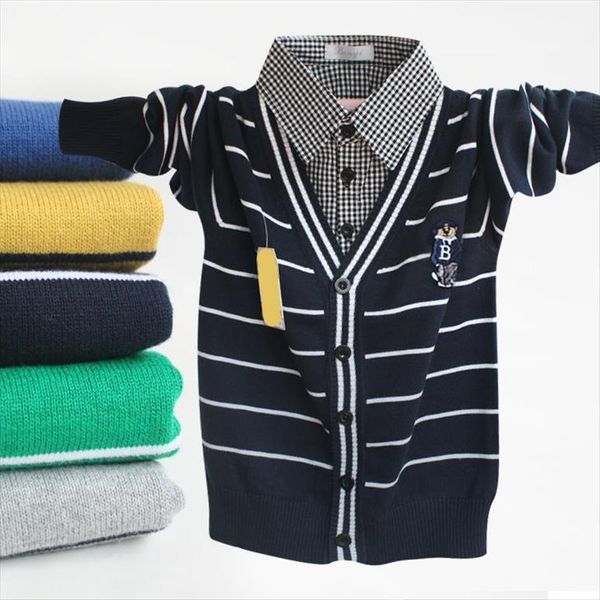 

fashion boys clothes spring autumn striped pattern lapel long sleeve children sweater, Blue