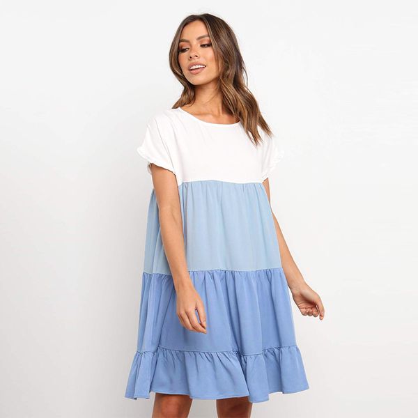 

new summer loose patchwork color dress women casual o neck short sleeve ladies knee length oversize a line dress 210413, Black;gray