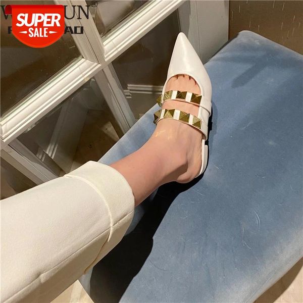 

WDHKUN 2021 New Brand Women Flat Slippers Fashion Rivet Close Toe Mule Shoes Slip on Casual Loafers Outdoor Slides Flip Flops #Az6z, Black