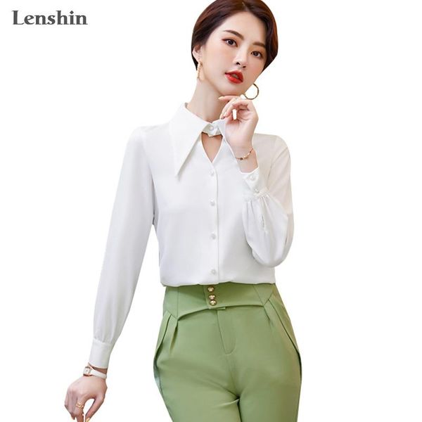 

women's blouses & shirts lenshin fashion elegant hollow out shirt women turn-down collar long sleeve blouse office ladies formal loose, White