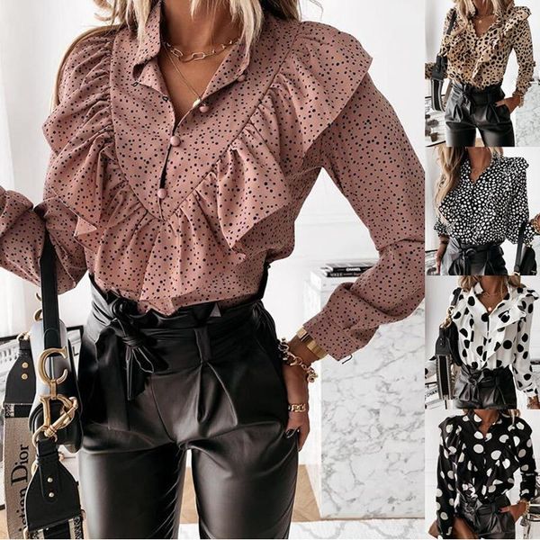 

women's blouses & shirts dot print ruffle blouse shirt autumn casual leopard winter long sleeve women elegant office lady v-neck button, White