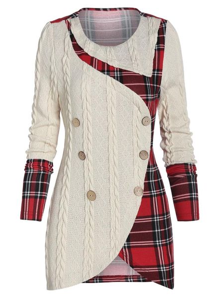 Maglioni da donna Wipalo Moda donna Pannello tartan oversize Mock Button Maglione lavorato a maglia asimmetrico Autunno Vintage Casual Pullover lungo Maglione