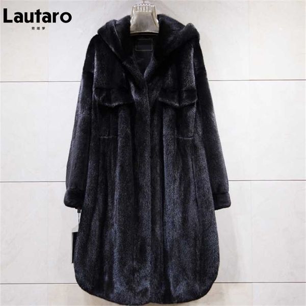 

lautaro winter long black thick warm faux mink fur coat women with hood sleeve korean fashion fluffy jacket  211119