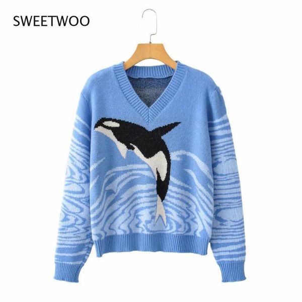

women's sweaters autumn winter fashion warm sweater women casual chest before dolphin print v-neck knitted pullover female long sleeves, White;black