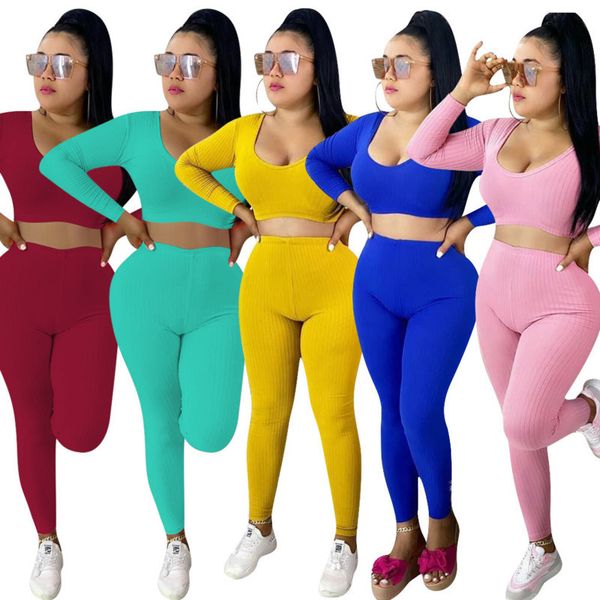 

designer women tracksuits long-sleeved gym low-neck short pullover trousers 2-piece set solid color pit strip sportswear plus size s-2xl, Gray