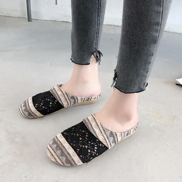

slippers fashion ladies flax hollow flat comfortable womens outdoor flats original style casual u24-83, Black
