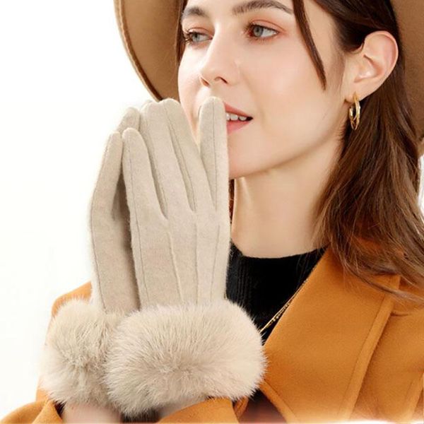 

five fingers gloves arrival 2021 winter warm for women real fur ladies cashmere thicken touch screen wool guantes, Blue;gray