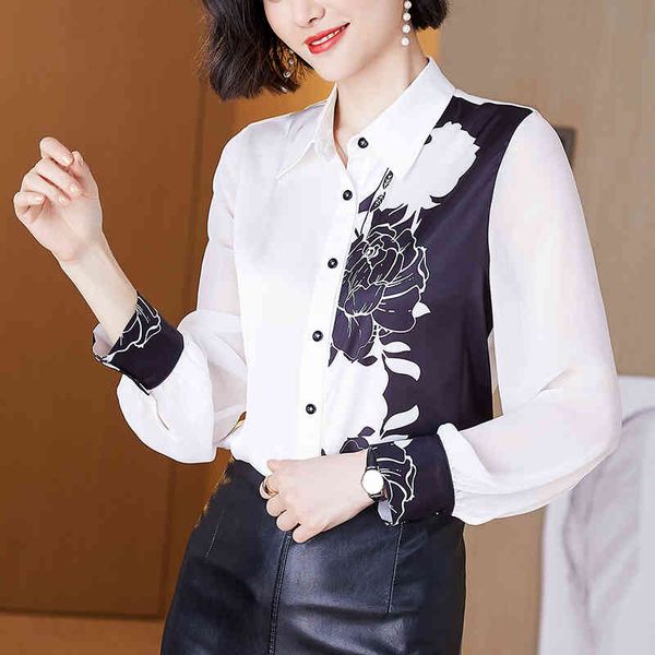 

korean silk women shirts satin blouses long sleeve woman print shirt floral plus size 210427, White