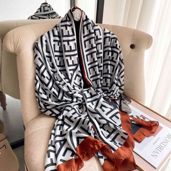 

70% off design spring and summer scarf female imitation decorative air conditioning shawl 2021 versatile printed new silk satin plain long, Black;purple
