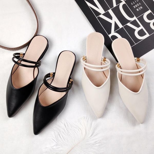 

slippers faux leather women's flats for spring and summer 2021 with pointy designer fashion trends shoe, Black