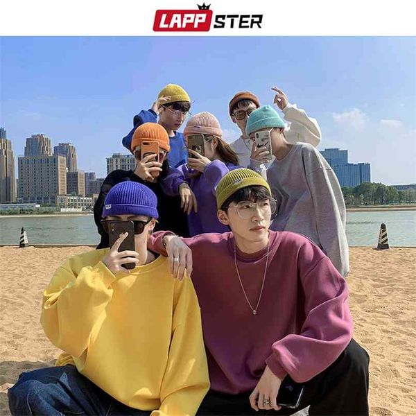 

lappster men japanese streetwear solid hoodies fall hip hop korean sweatshirts velvet colorful clothing plus size 210813, Black