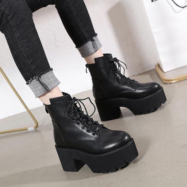 

boots round head thick bottom muffin women lace up high heel shoes, Black