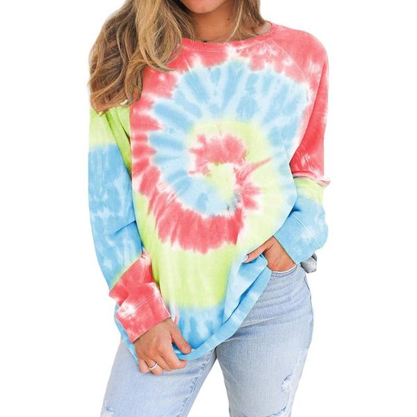 

women's t-shirt 2021 tie-dye printed round neck long sleeve pullover loose sweatshirt, White