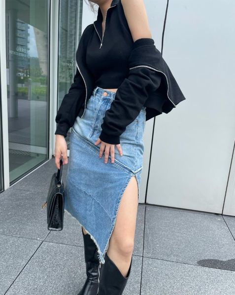 

skirts 2021ss summer women denim patchwork skirt for female sn 6.03, Black
