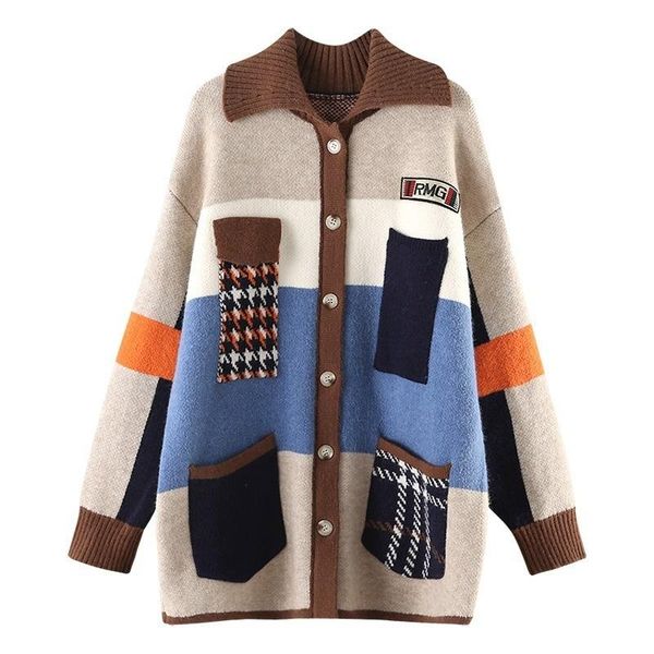 

women's knits & tees [ewq] autumn winter women long cardigan 2021 contrast print pocket button sweater female street jacket coat stitch, White