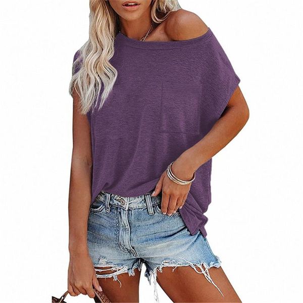 

women's t-shirt women clothes summer fashion solid color pocket round neck short sleeve casual, White