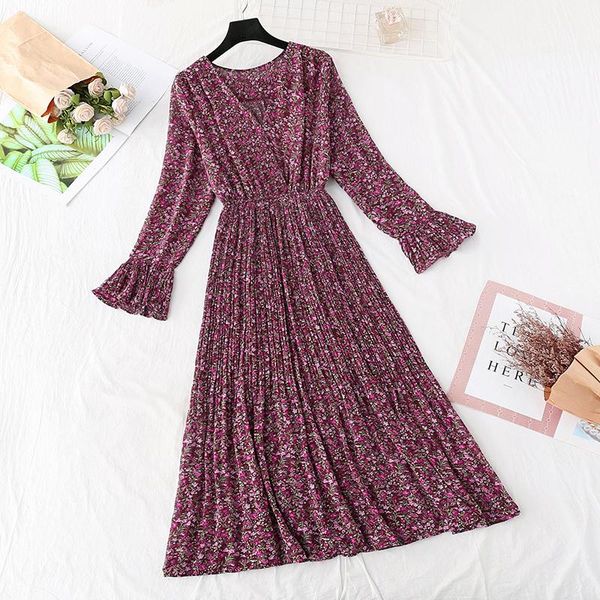 

casual dresses 2021 spring autumn women dress printed floral elegant flared sleeves v-neck elastic waist high female chiffon, Black;gray