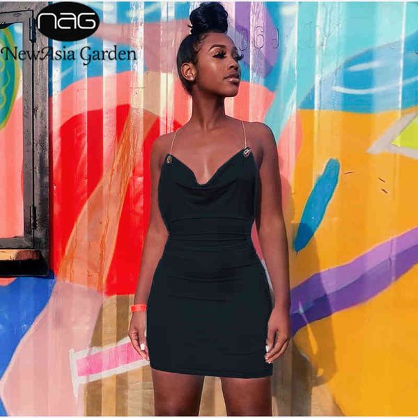 

newasia double layers white party dress women vintage cowl neck straps chain mini bodycon dress club wear backless dresses 210413, Black;gray