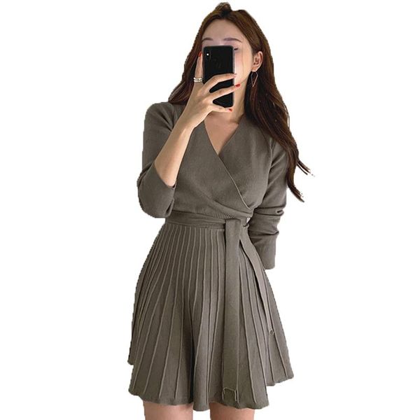 

vestido de malha com decote em v feminino elegante, manga longa para escritorio, linha a trico casual dresses, Black;gray