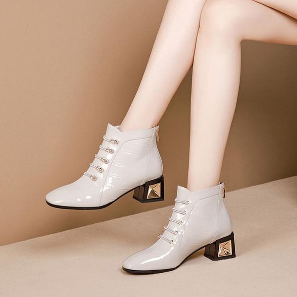 

boots mljuese 2021 women ankle cow leather square toe winter short plush lace up heel size 34-42, Black