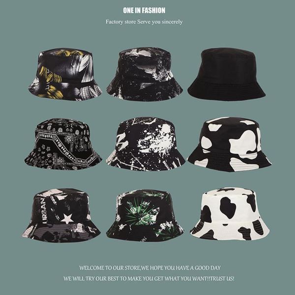 

wide brim hats polyester double sided fisherman hat for women man hip hop graffiti pattern bucket summer outdoor sunscreen panama, Blue;gray