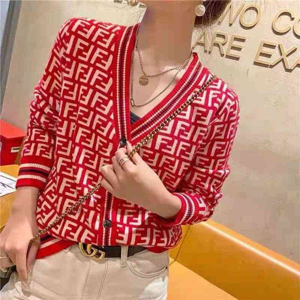

2022 factory wholesale new early autumn double letter small red heart coat women's v-neck loose knit cardigan with thin sweater outside, White;black