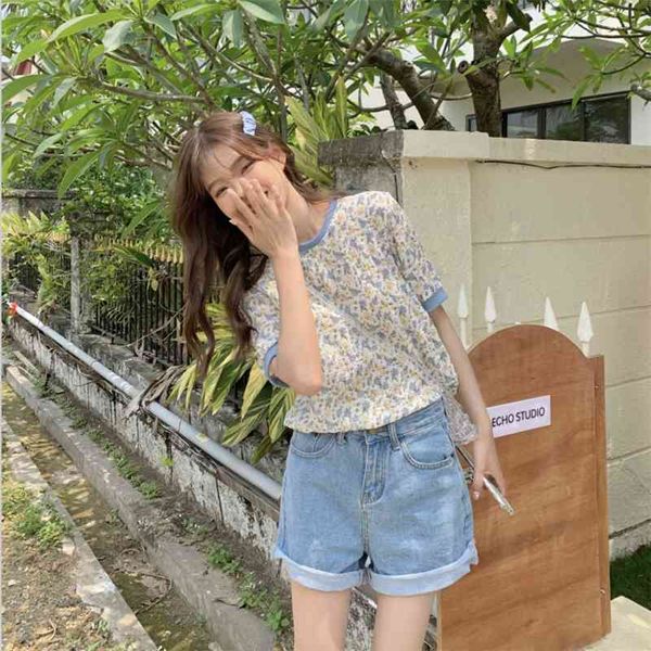 

vintage floral pattern causal chiffon basic college wind short sleeve regular simple summer women t-shirts 210522, White