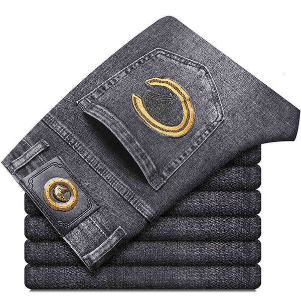

men's autumn jeans cotton korean thick legged slim fit international eagle head pants, Blue